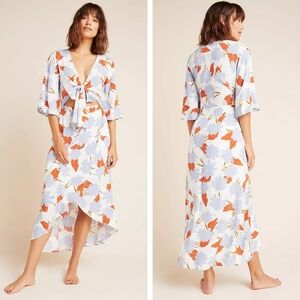 L Space Kellen Cover-Up Dress Periwinkle Rust Orange Tropical Floral Tie Front